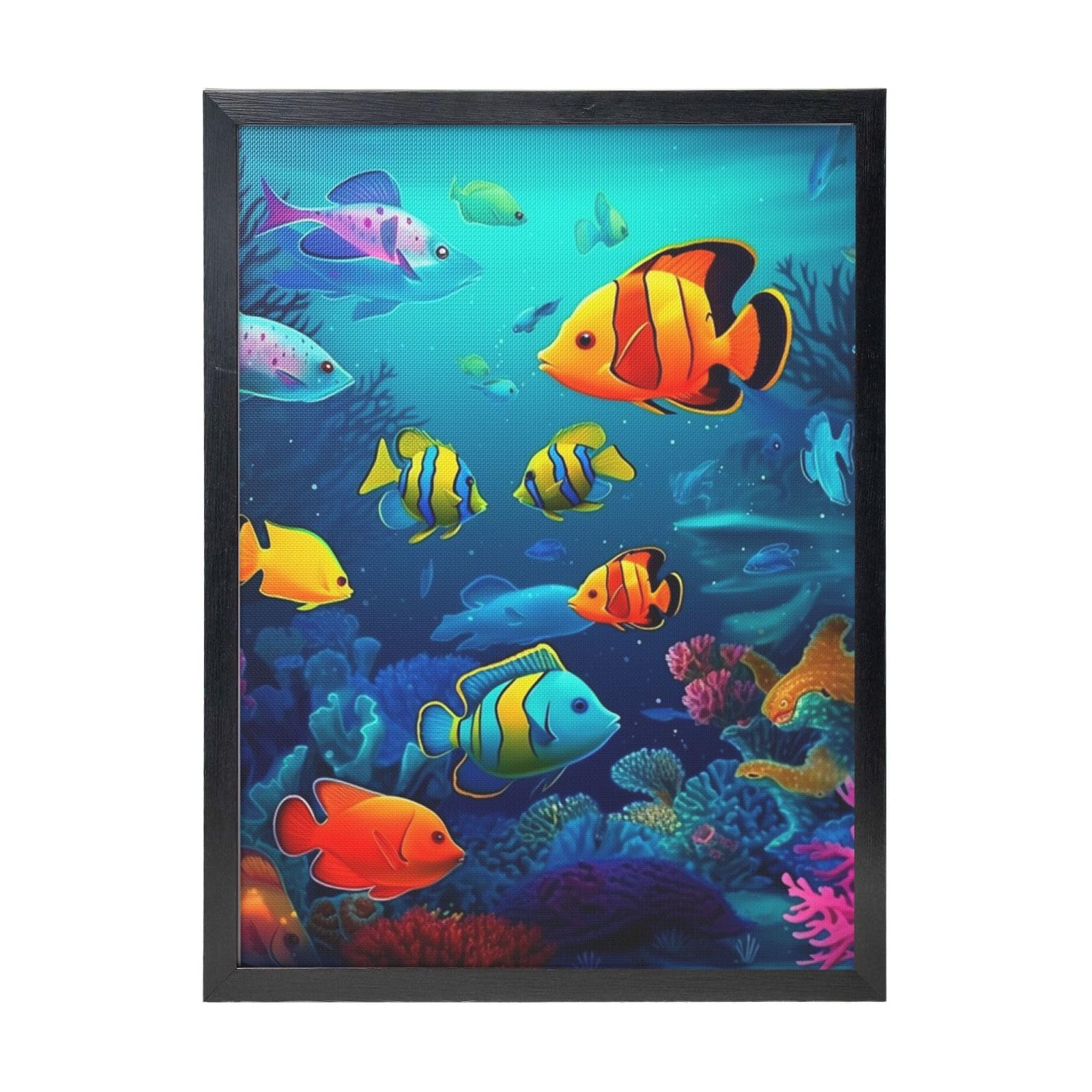 Framed Wall Art - Decorative Canvas Painting Underwater World Colorful Fishes Pictures Poster Aesthetic Modern Prints Artwork for Bedroom Office Wall Decor Ready To Hang 12x16 in