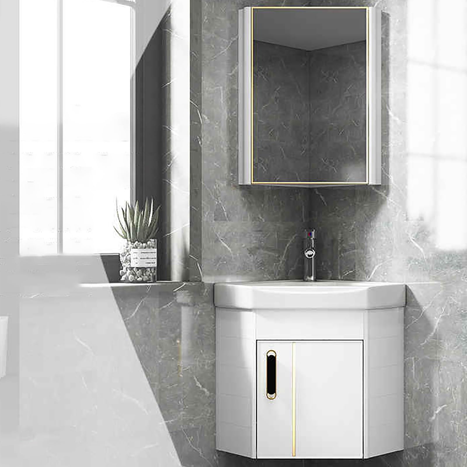 DFGHNBVC Wall Mounted Corner Bathroom Vanity With Sink, Mirror Cabinet, And Aluminum Alloy Frame - Space-Saving Solution For Modern Bathrooms,White-37Cm