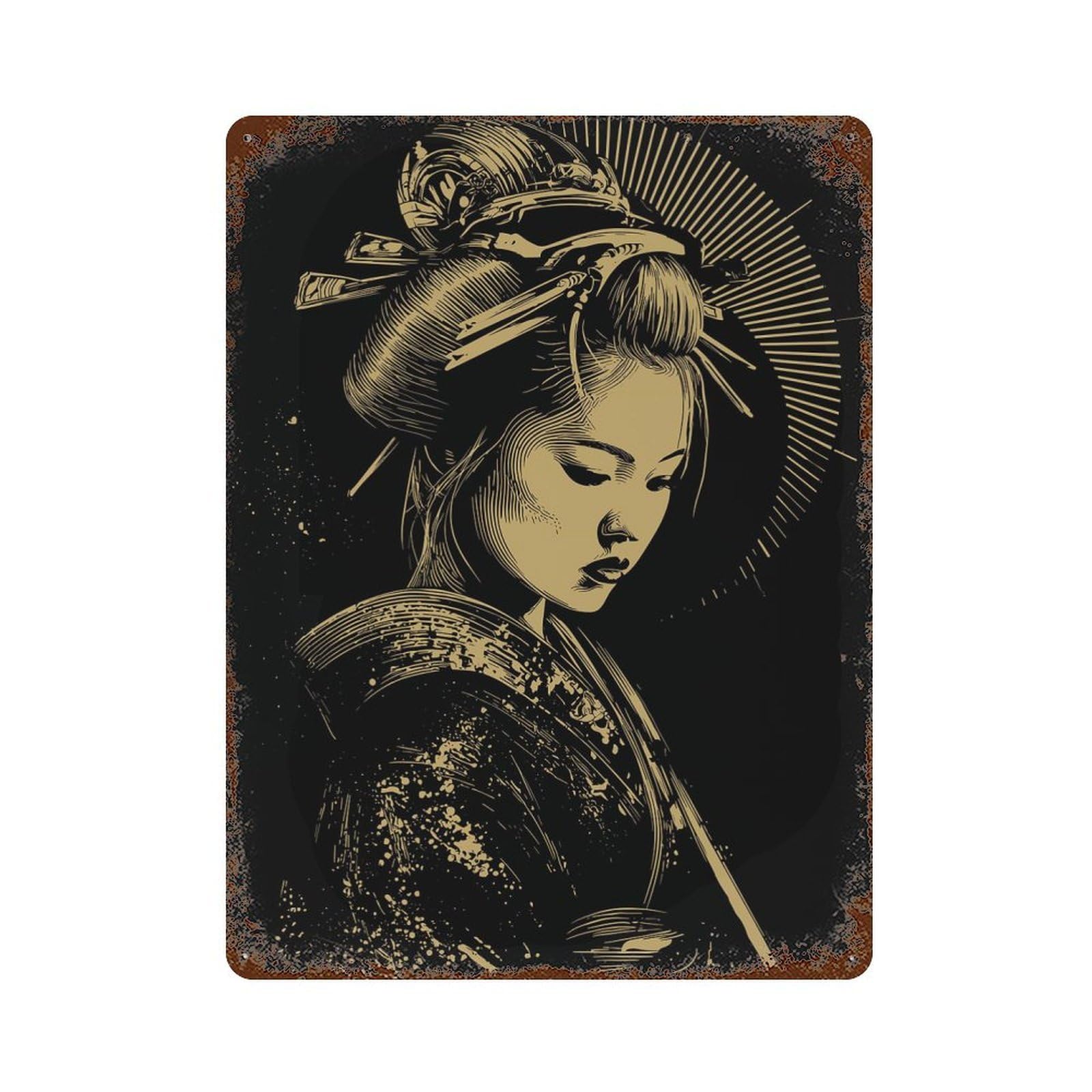 Geisha Portrait in Gold And Black Rust Effect Tin Sign 15.7"x11.8", Ideal for Cafe, Home Bar And Lounge Decor