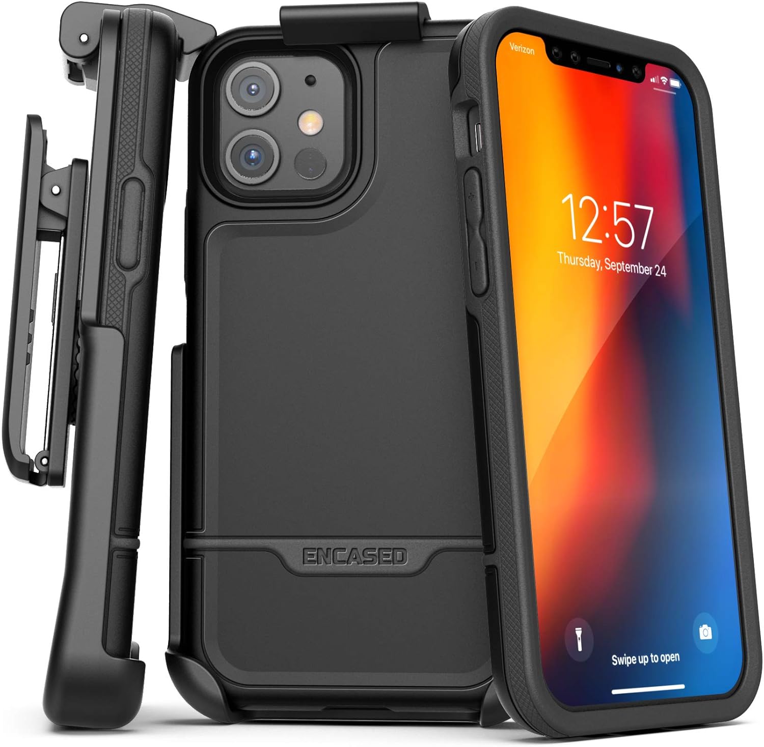 Encased Compatible with iPhone 12 Belt Clip Protective Holster Case (2020 Rebel Armor) Heavy Duty Rugged Full Body Cover with Holder (Black)