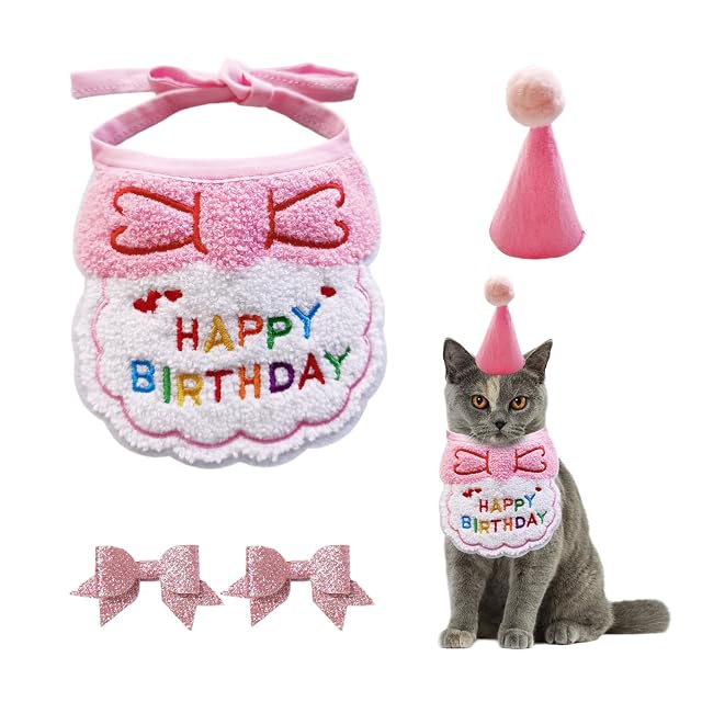 1 Babero, 1 Gorro de Cumpleaños, 2 Horquillas con Lazo, Gorro de Cumpleaños para Cachorros y Gatitos, Bufanda