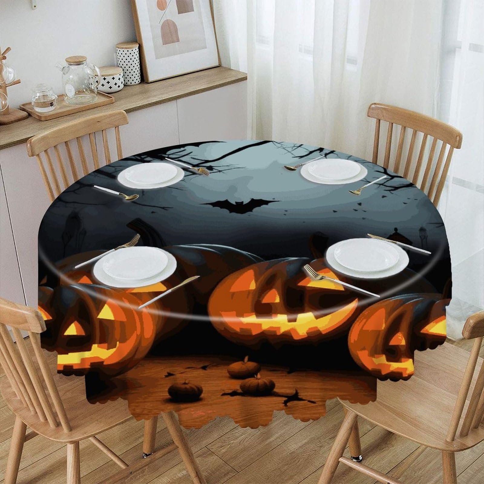 Btcowzrv Style Halloween With Pumpkins Polyester Round Tablecloth 59.84 Inch, Decorative Washable Table Cover, Table Cloth For Restaurant Picnic Indoor And Outdoor Dining