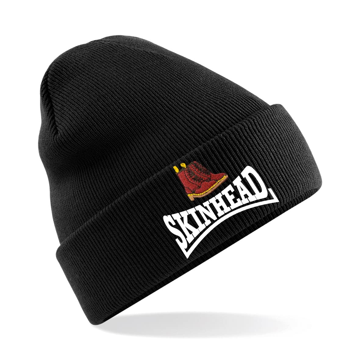Skinhead Doc Boots Embroidered Beanie Hat, Bob Hat British Skin Head (Black)