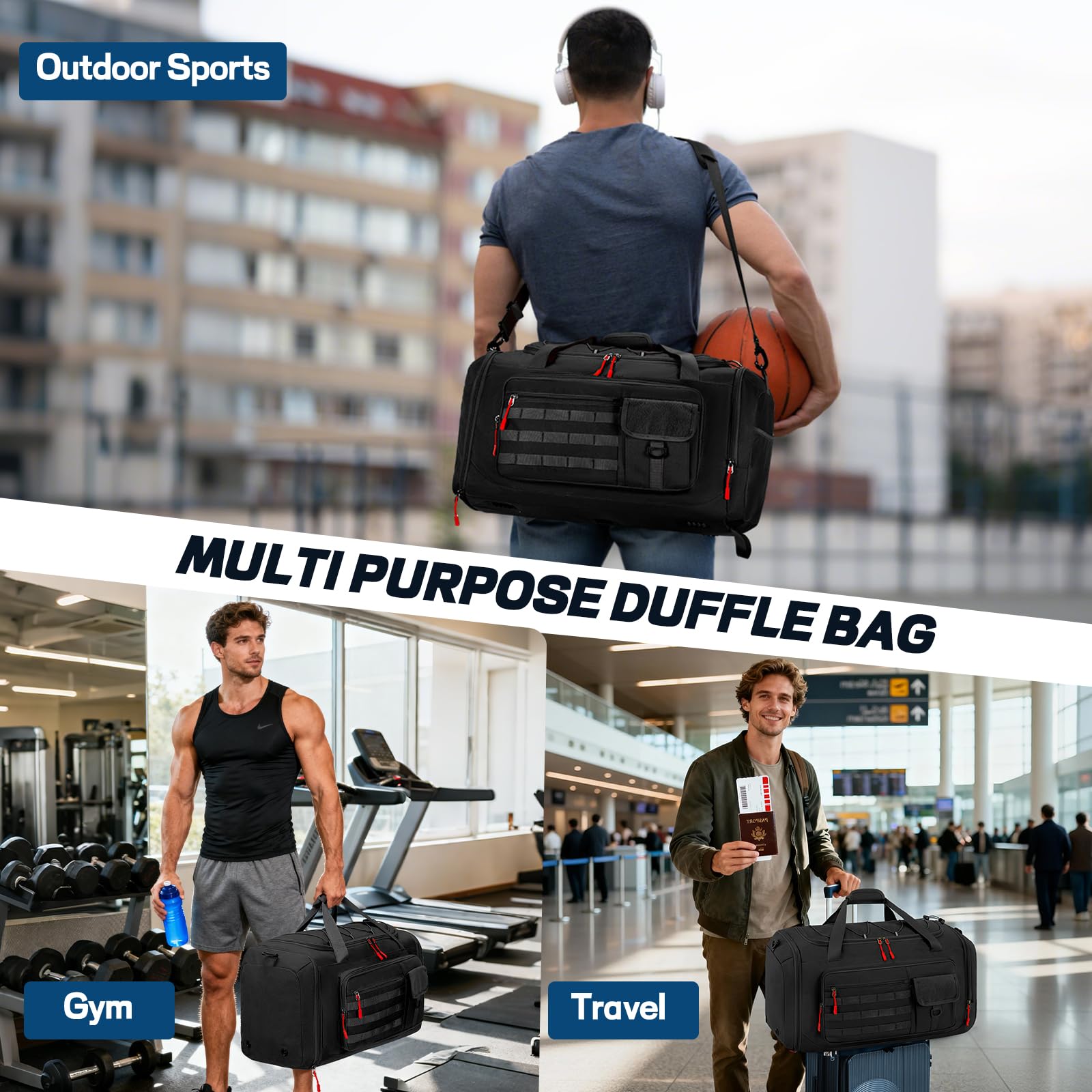 Rainsmore Gym Bags for Men with Shoe Compartment and Wet Pocket, Durable Duffle Bag for Men 40L Carry On Large Capacity Sac De Sport Travel Bag for Camping Training Swimming Sports,Black - 3