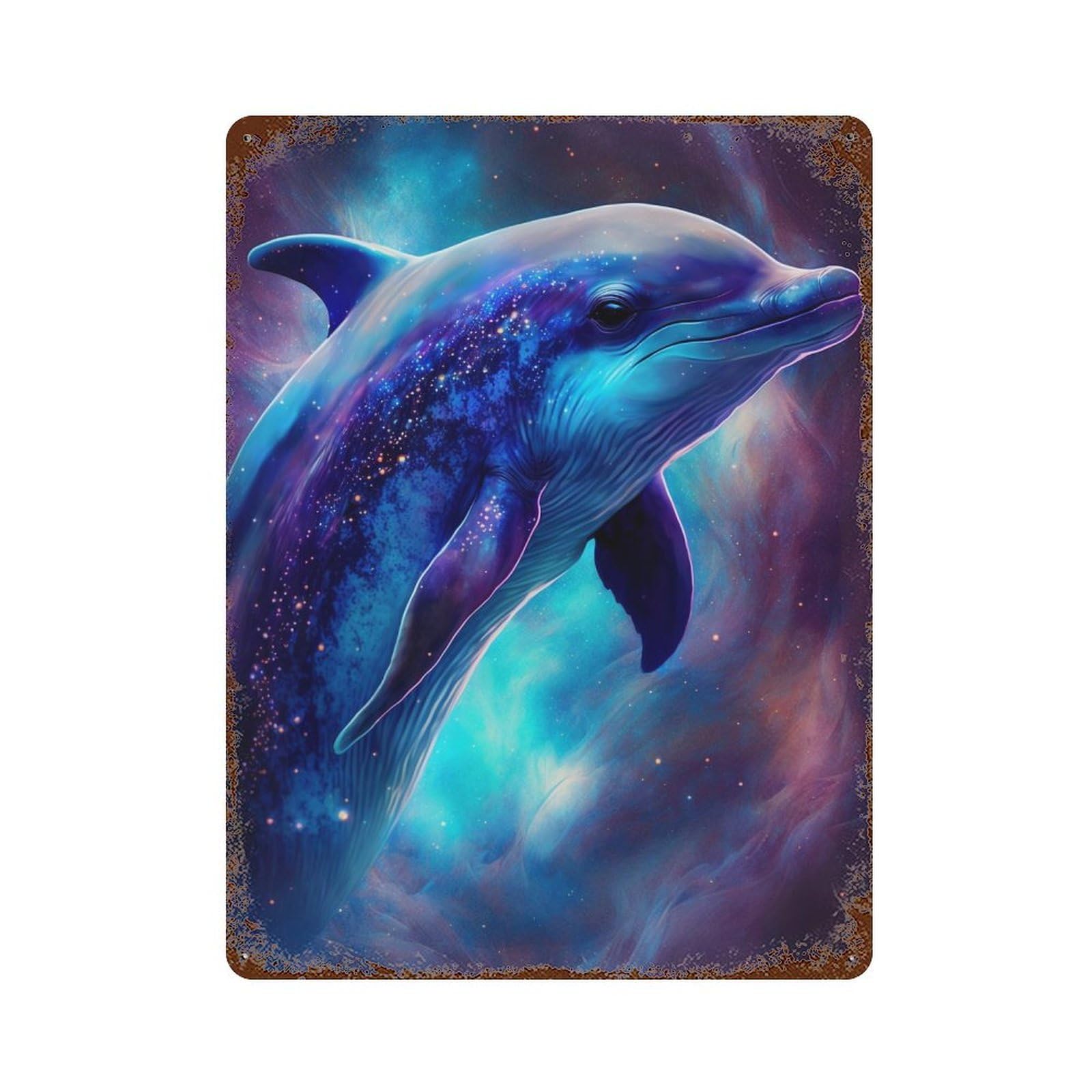 Cosmic Dolphin Art Print-8 Rusty Metal Tin Sign 15.7"x11.8", Ideal for Shed, Workshop And Garage Wall Decor