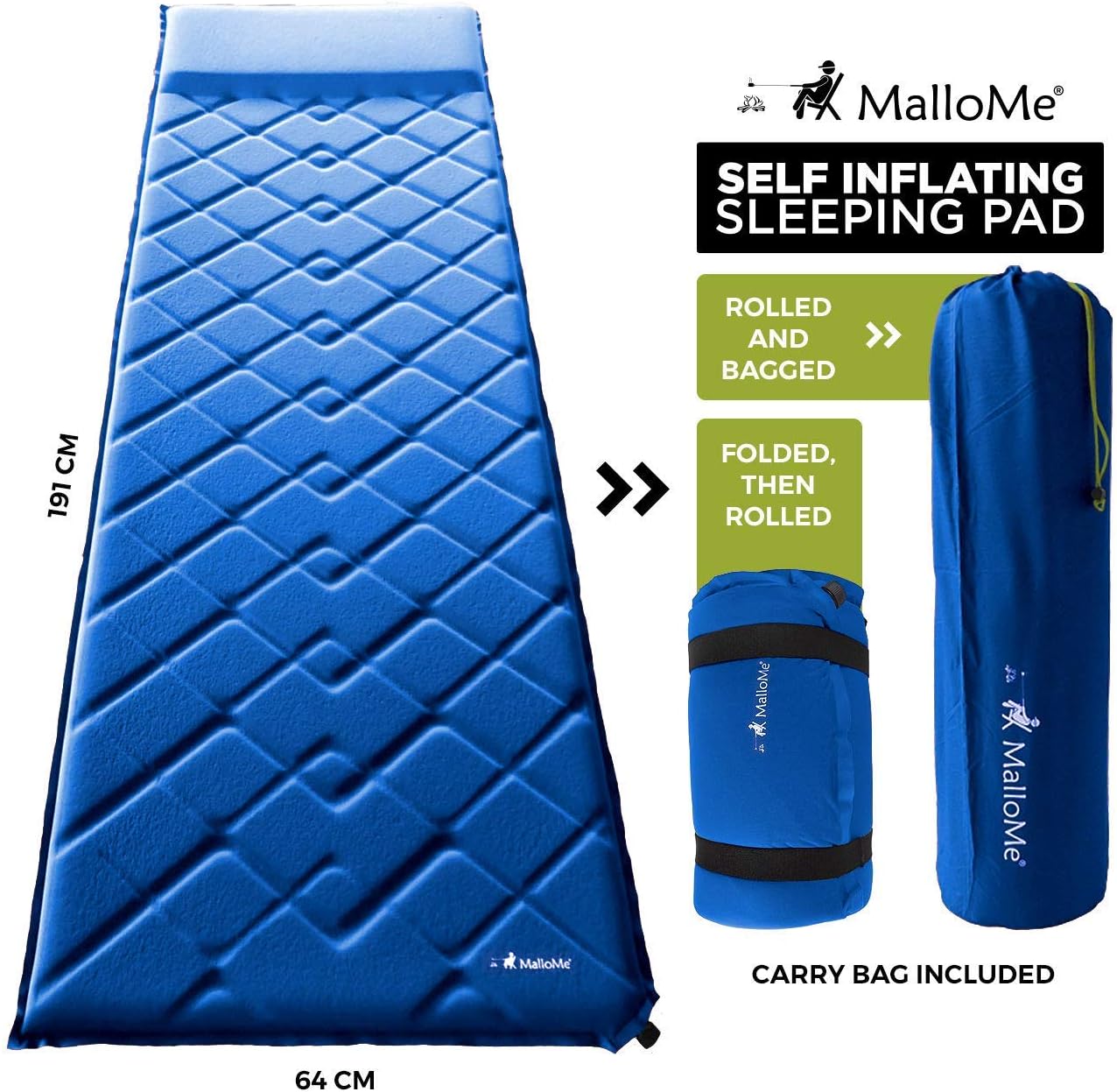 MalloMe Sleeping Pad Camping Air Mat – Inflating Mattress Bed for Backpacking Adults – Inflatable Ultralight Insulated Soft Foam Sleep Gear - Lightweight Travel Cot Roll Mats Accessories