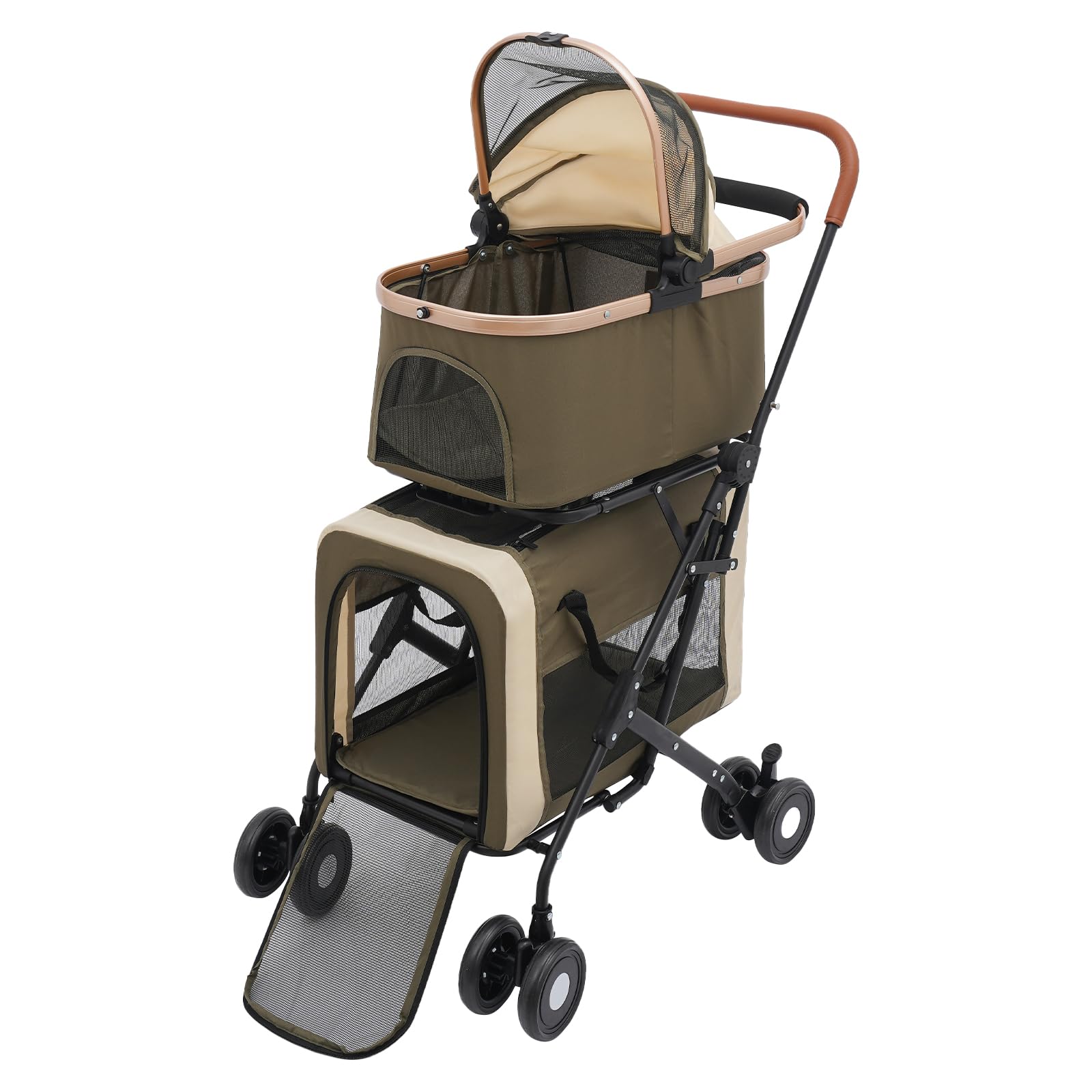 Passeggino per cani 3 in 1, 2 ripiani, con finestre a rete, tasche e imbottiture, Oxford e metallo, passeggino per animali domestici fino a 35 kg, pieghevole, per cani, gatti, animali domestici (verde