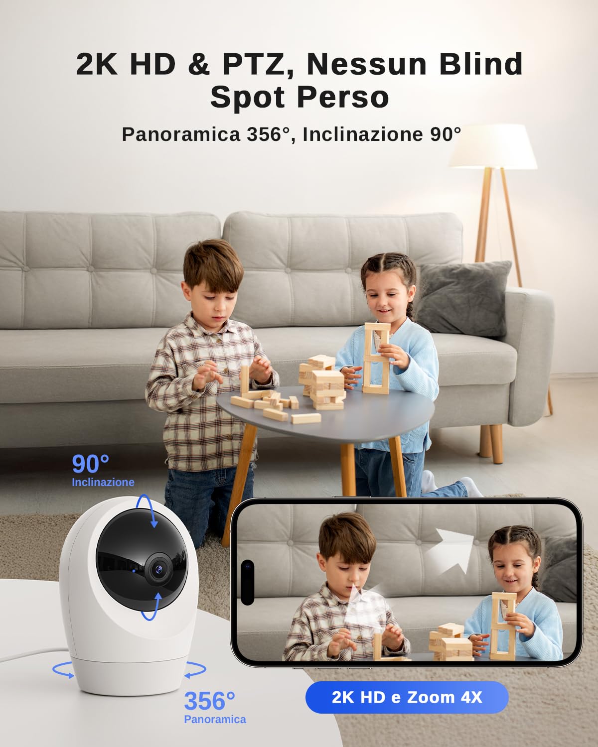 24/7 Registrazione 4G LTE Telecamera Interno con SIM, 2K Videocamera Interno 4g, 360° PTZ Videocamera Sorveglianza Interno, Rilevamento Movimento, Audio 2 Vie