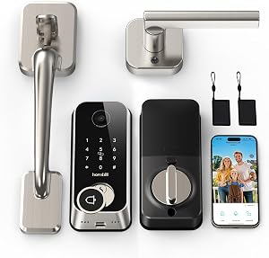 Smart Front Door Lock Sets: 2K HD Camera Lock with Doorbell Kits, Hornbill Fingerprint Keyless Entry Door Lock with Handles, WiFi Deadbolt(only 2.4G) for Remote Control, APP/Alexa/PIR, Silver