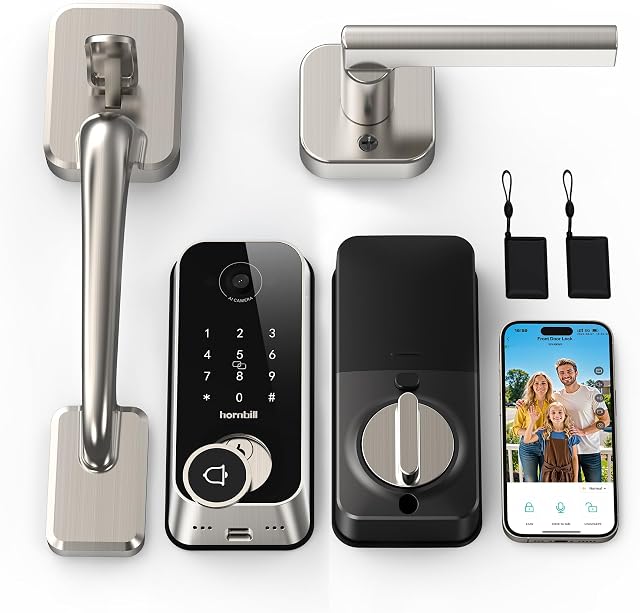 Smart Front Door Lock Sets: 2K HD Camera Lock with Doorbell Kits, Hornbill Fingerprint Keyless Entry Door Lock with Handles, WiFi Deadbolt(only 2.4G) for Remote Control, APP/Alexa/PIR, Silver