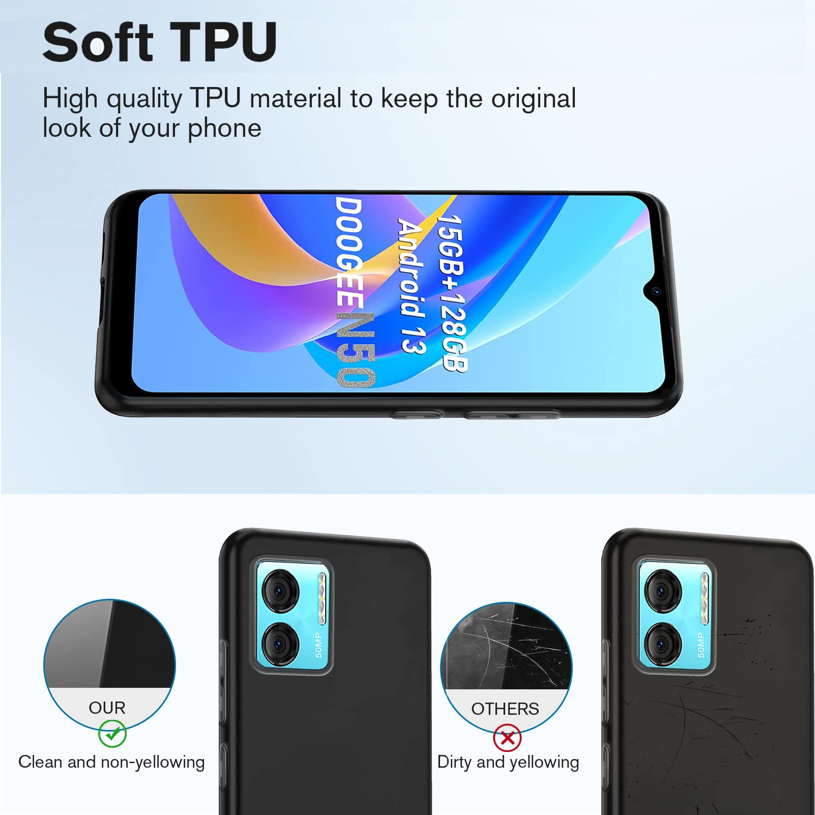 4 in 1] for DOOGEE N50 Case + 2pcs Tempered Glass – Black Case and Crystals Screen Protector TPU Soft Silicone Case Cover Case Cover + Finger Ring