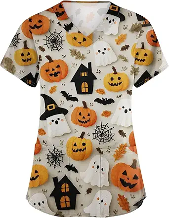 OIOLOYJM Halloween Christmas Scrub Tops Women Print V Neck Short Sleeve Plus Size Scrubs for Womens Shirts with Pockets