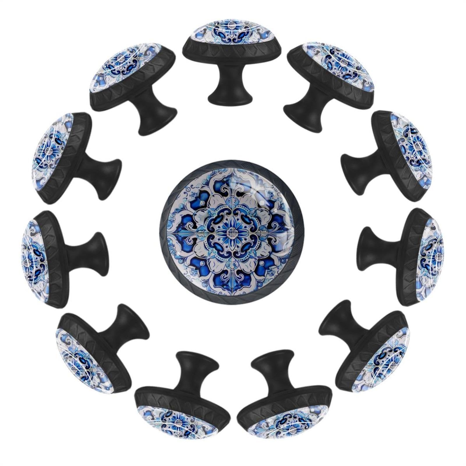 Poignées mandalas bleus en verre de cristal pour meuble de cuisine
