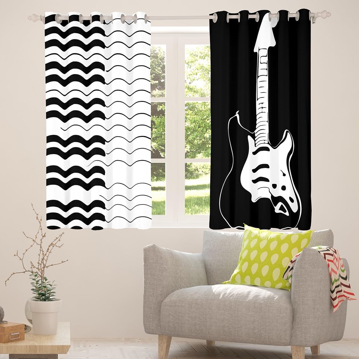 Castle Fairy Music Theme Window Curtains 2 Panels 38Wx45L Cartoon Electric Guitar Musical Instrument Window Drapes for Kids Teens Adults Black White Piane Keyboard Blackout Curtains for Living Room image 4