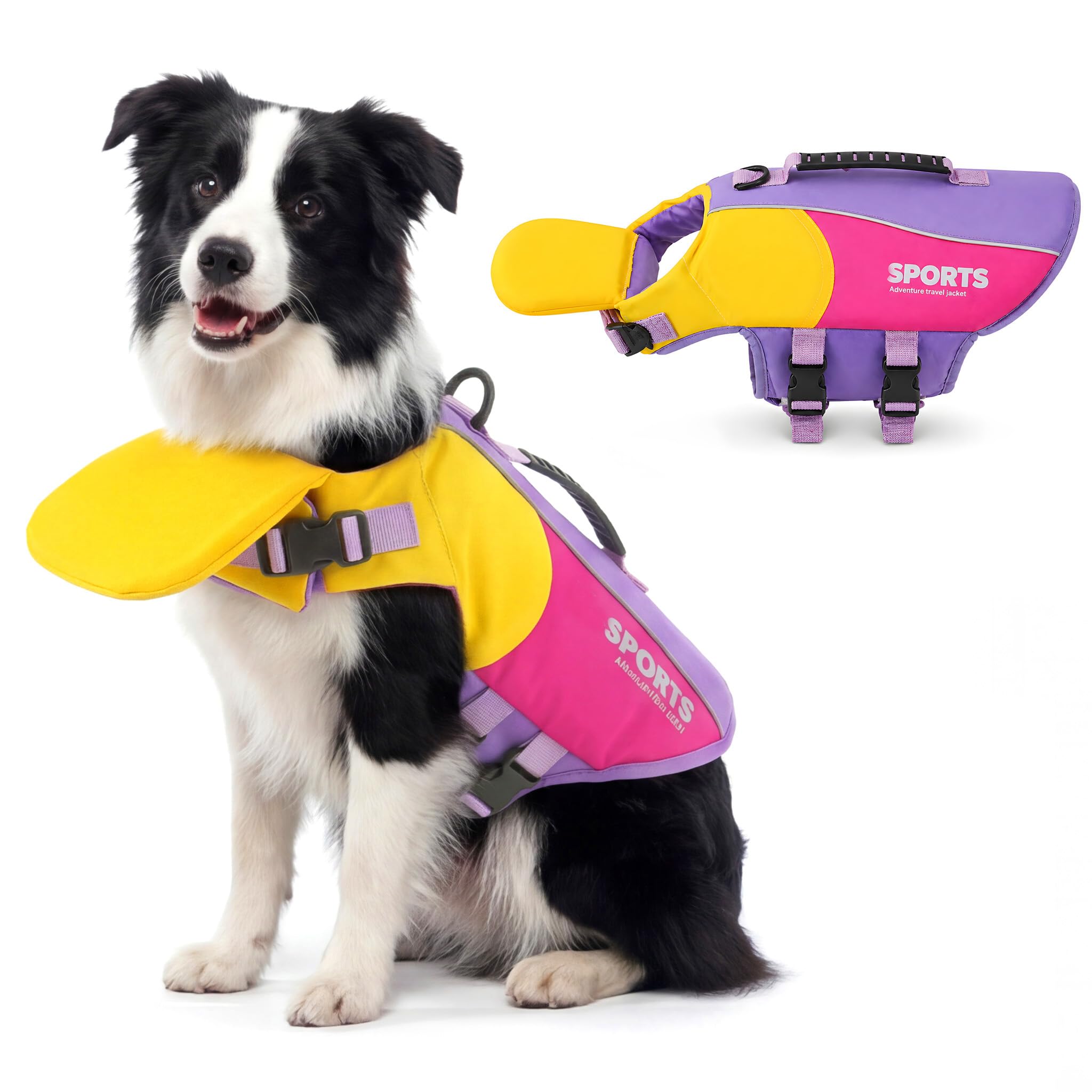 PAIDEFUL Front Float Dog Life Jacket with Chin Support, Color-Block Swim Vest with Rescue Handle D-Ring for Boating and Pool, Reflective Pet Safety Gear for for Small Medium Large Breeds,Purple,S