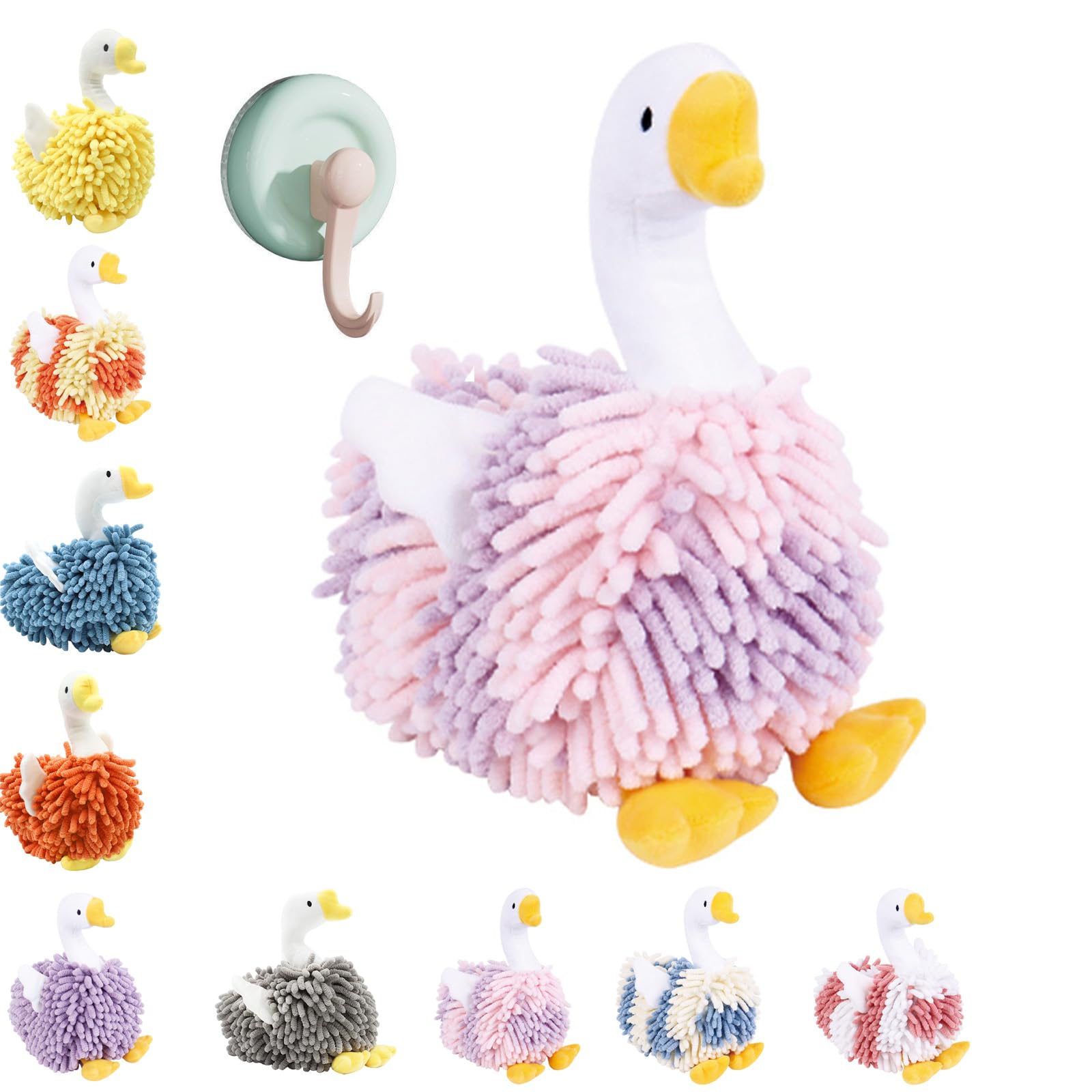 LLELEMAMO Duck Shaped Hand Towel, Swan Shape Fuzzy Ball Hand Towel, Microfiber Hand Towels for Bathroom, Cartoon Swans Chenille Hands Towels with Hanging Loop for Bath, Washstand (D)