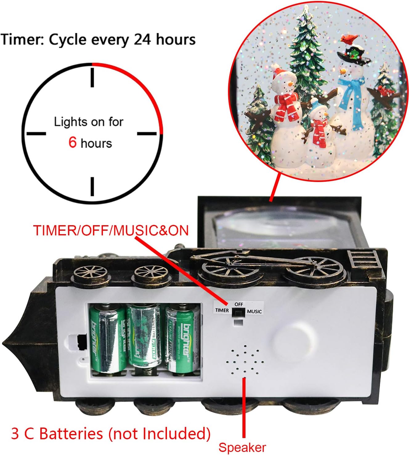 DRomance Christmas Musical Snow Globe Lantern Battery Operated with 6 Hour Timer, Snowman Lighted Snow Globe Train Spinning Water Swirling Glitter Christmas Decoration Gifts(10.6 x 4.3 x 8.3 Inches)
