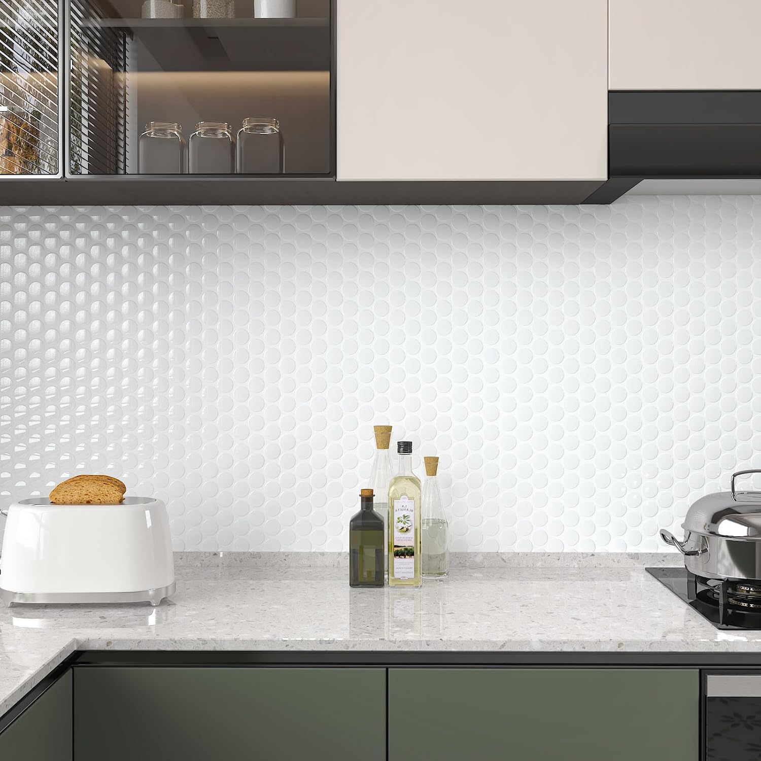 CHIHUT 16 Sheets 12"x12" White Penny Round Peel and Stick Backsplash Tiles for Kitchen Bathroom Shower Walls Waterproof Self Adhesive Stick on Tiles Removable Renter Friendly Vinyl Backsplash Panels