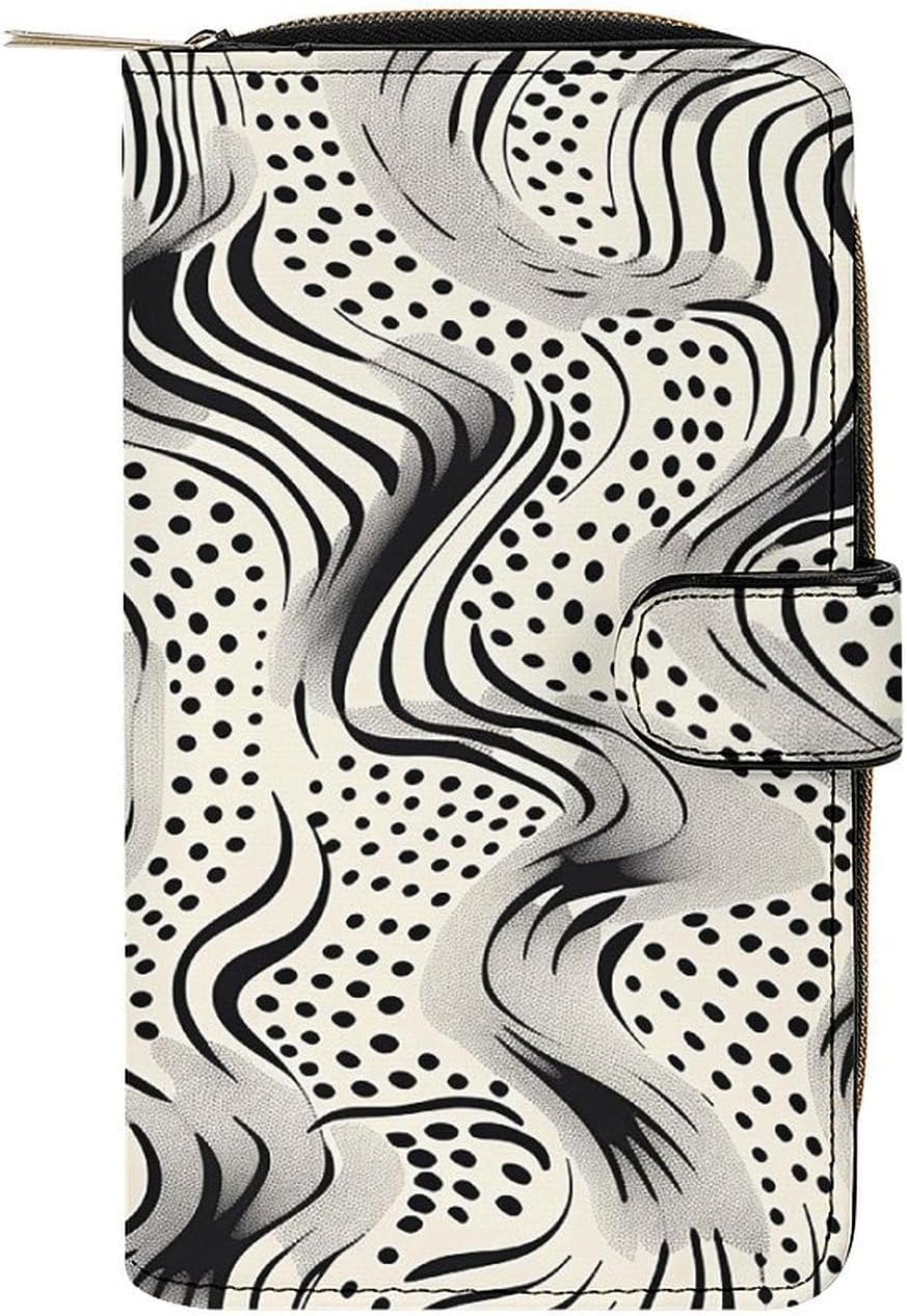 Long Leather Wallet Wavy Lines And Dots Printed Passcase Zipper Small Wallet Credit Card Wallet Coin PocketKey Bag Holiday Gifts Unisex, 19.7x11x3.5cm, style