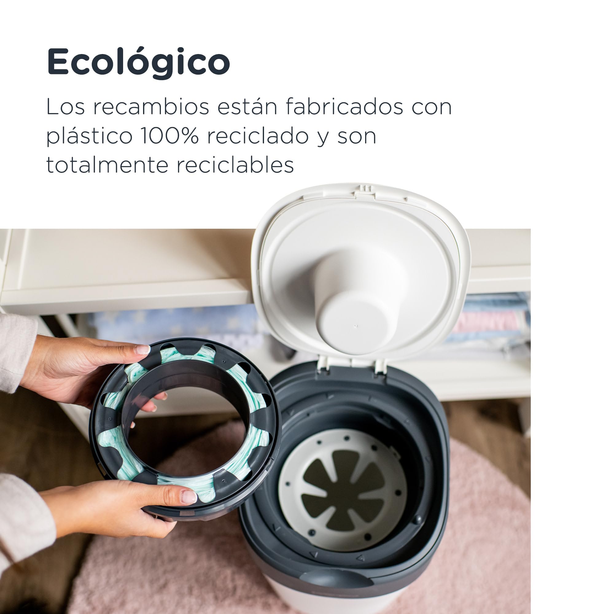 Tommee Tippee Contenedor para pañales Twist & Click, sistema más ecológico, incluye un recambio con lámina antibacteriana GREENFILM de fuentes sostenibles, Blanco