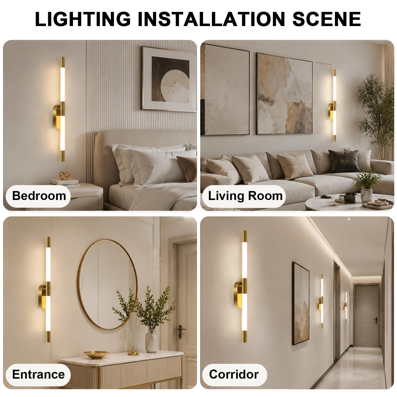 2er Set LED Wandleuchte Innen Gold Dimmbar mit Fernbedienung | 60cm Lange, 18W LED, Acryl Lampenschirm, Verstellbare Farbtemperatur Helligkeit, für Schlafzimmer, Flur, Treppenhaus