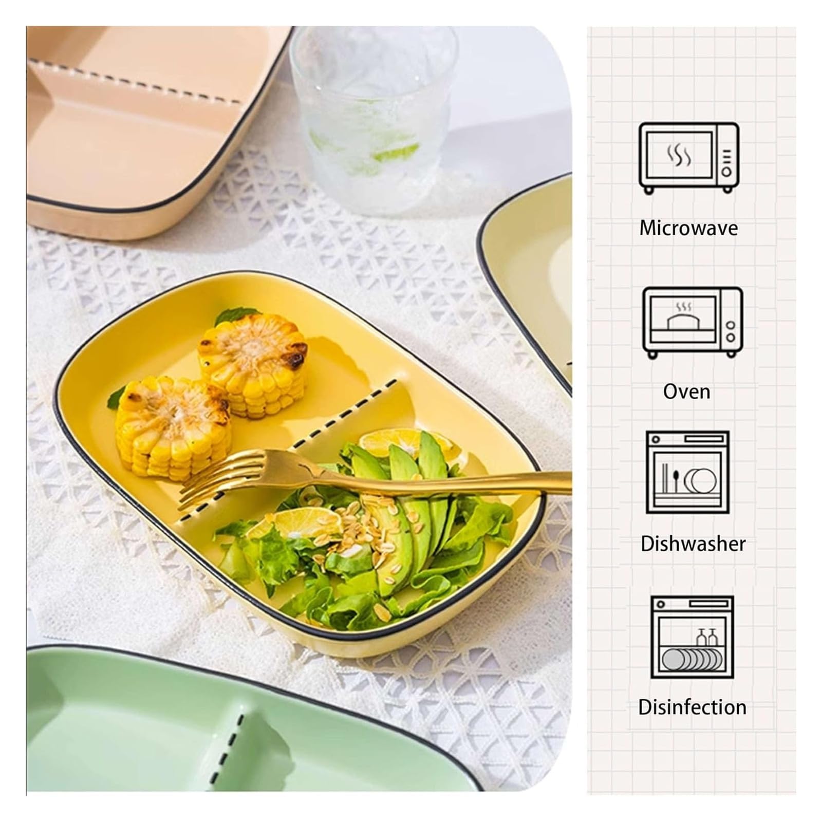 Assiettes plates rectangulaires en céramique avec compartiments pour adultes Vert