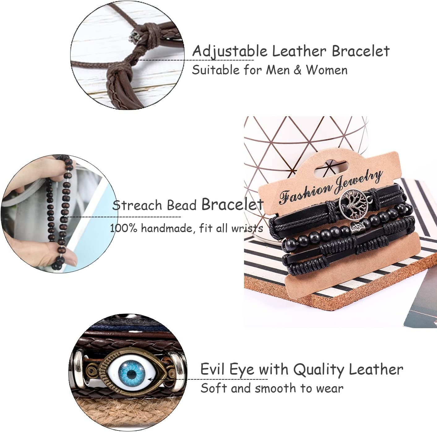 FIRAZIO 35PCS Braided Leather Bracelets for Men Women Wrap Wood Beads Cuff Bracelet Hemp Cords Ethnic Tribal Handmade Wrap Wristband Bracelets Set Adjustable - Image 4