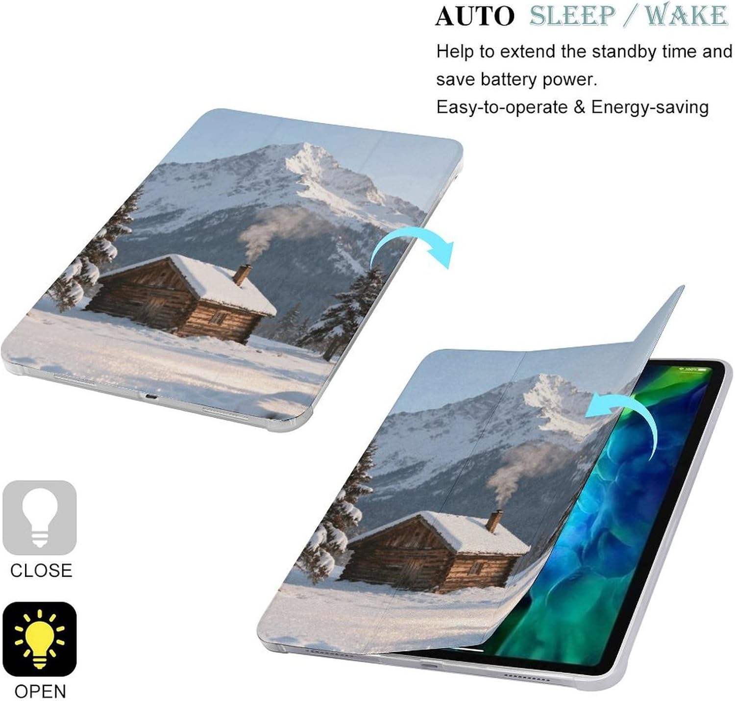 Snowy Cabin Smoke 12.9 in Trifold for iPad Case with Pencil Holder image 3
