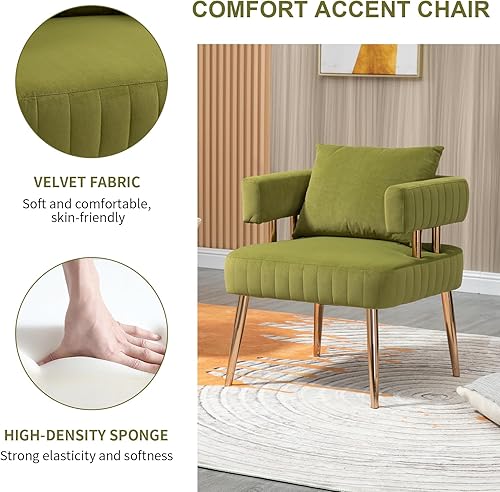 Miniatura 5 de Sillón moderno y decorativo, cómodo sillón tapizado de terciopelo con almohada, respaldo abierto con patas doradas, sillón de lectura para sala de