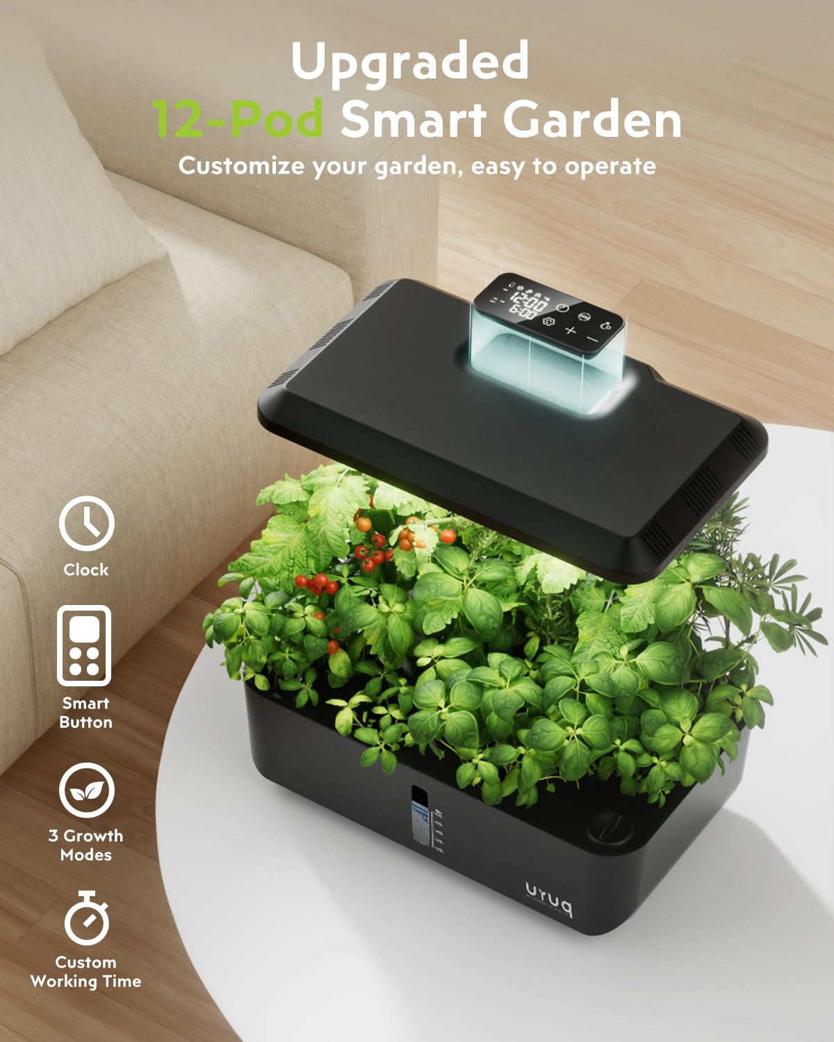URUQ Système de culture hydroponique d'intérieur 12 gouttes, système de jardinage d'herbes aromatiques, temps personnalisé avec lumière de croissance LED réglable en hauteur, kit de germination