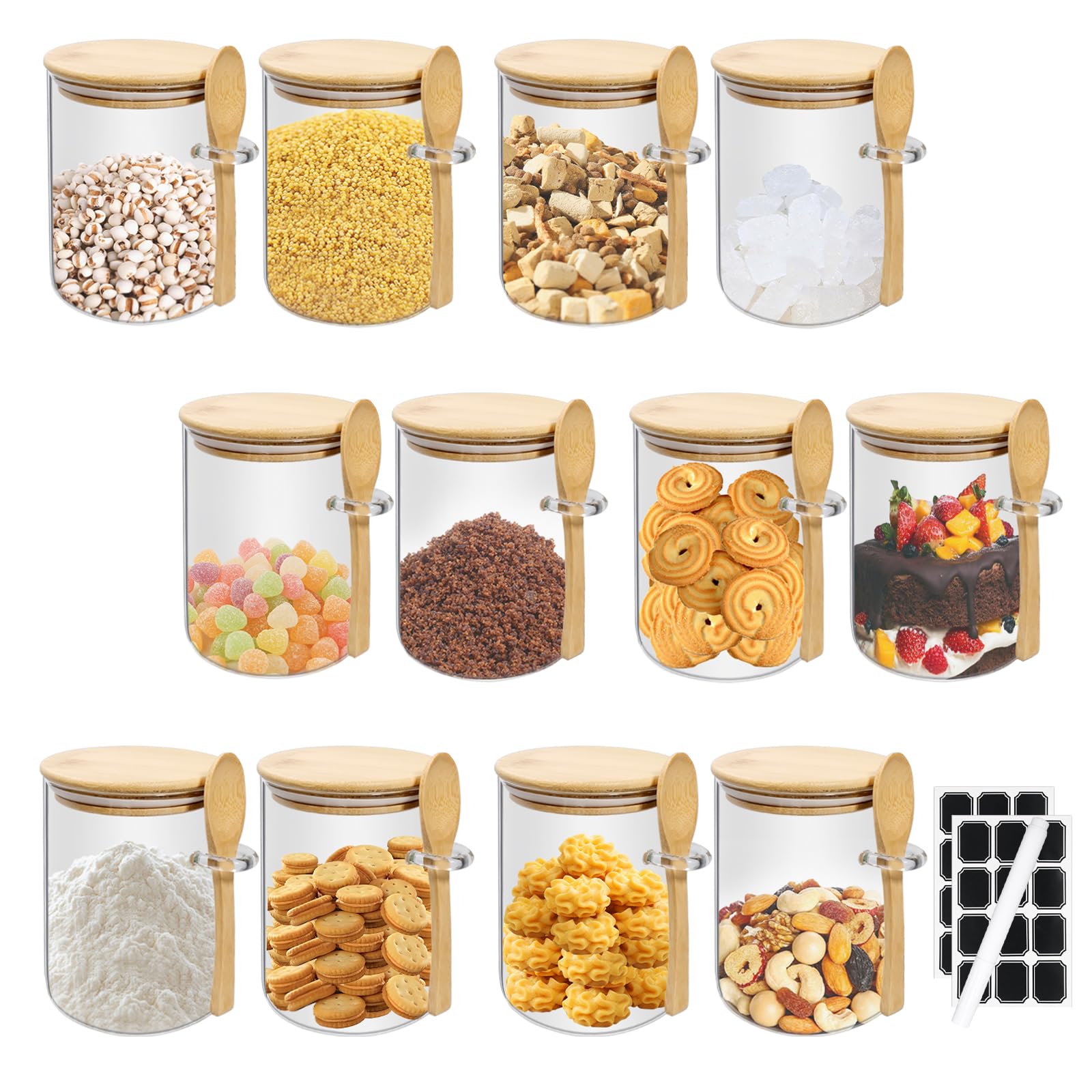 Lot de 12 bocaux en verre avec couvercles et cuillères en bambou, conteneurs hermétiques de 500 ml avec 2 étiquettes et 1 stylo, pour produits secs de cuisine, café, haricots, sucre, épices