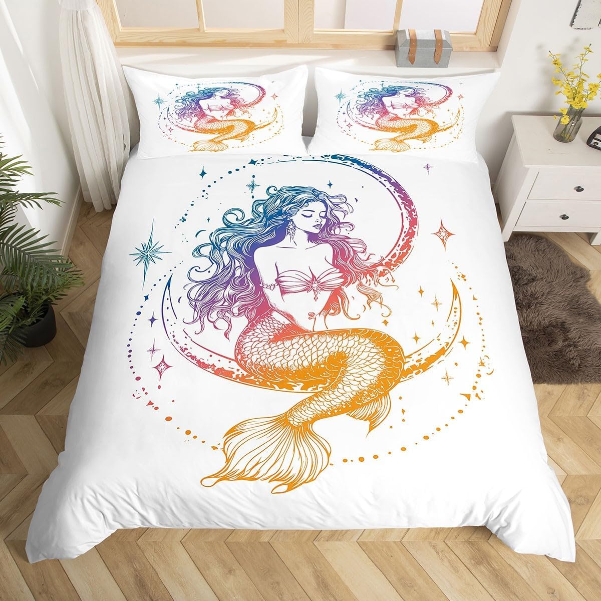 Girls Mermaid Duvet Cover Moon Stars Pattern Comforter Cover For Kids Boys Children Ocean Life Underwater Word Bedding Set Fish Scale Girly Quilt Cover Queen Size 1 Duvet Cover With 2 Pillow Cases