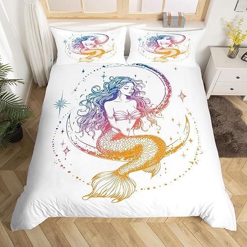 Erosebridal Juego de ropa de cama para niños, juego de funda de edredón de sirena tamaño individual, funda de edredón femenina de escamas de peces