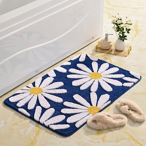 Miniatura 6 de QJHOMO Alfombra de baño azul marino, bonita alfombra de baño con margaritas, decoración de flores blancas y amarillas, alfombra antideslizante de