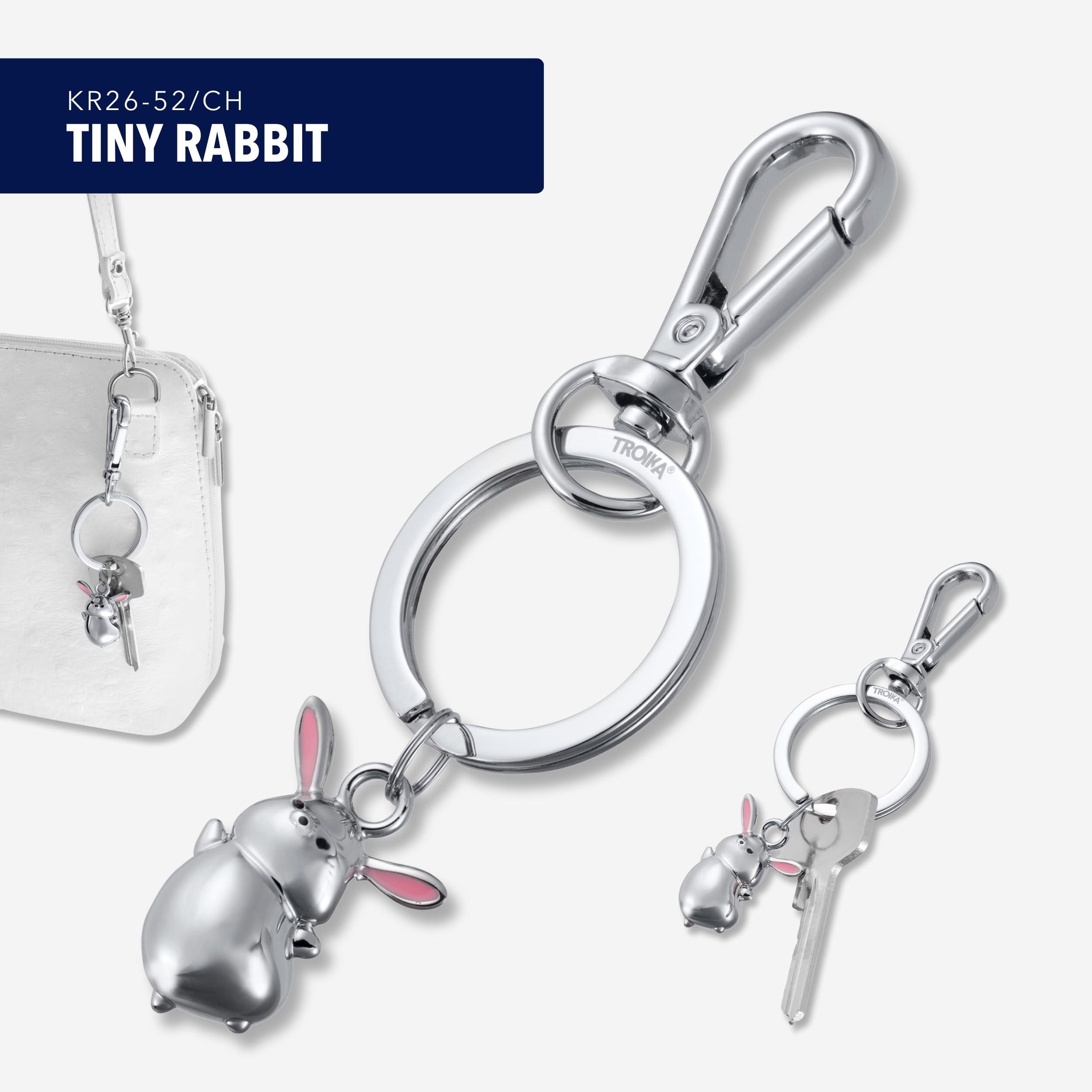 TROIKA Breloczek do kluczy zając TINY Rabbit metalowy z karabińczykiem mały zając z odlewu metalowego chromowany w kolorze srebrnym jako prezent na Wielkanoc dla miłośników zajączków