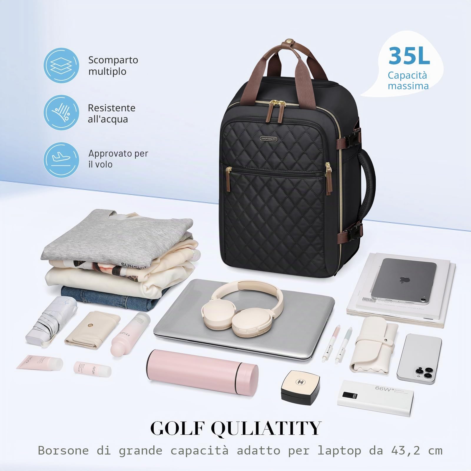 Zaino Trolley PC 17'' Uomo Donna 35L Impermeabile Laptop Backpack Unisex Bagaglio a Mano Viaggio Ufficio,Nero