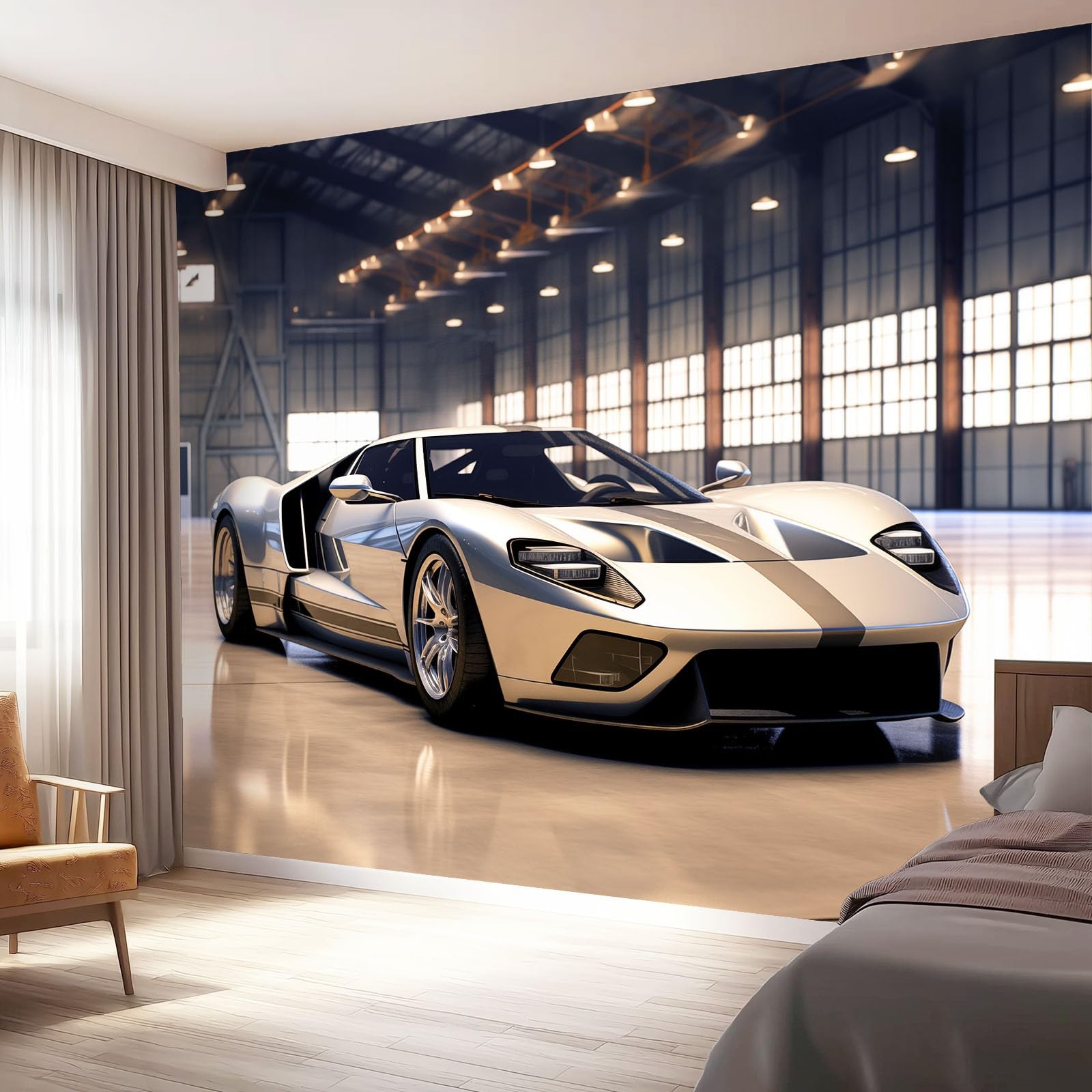Papel pintado Coche Deportivo 200 x 140 cm, Estilo 3D Moderno Póster fotográfico mural papel pintado moderno decoración de pared sala de estar dormitorio oficina habitación infantil, Plateado
