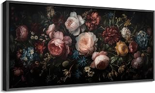 MUDECOR Extra Large Framed Canvas Print Wall Art Dutch Floral Still Life Dark Vintage Flower Bouquet Antique Retro Ready to Hang Painting for Living Room Bedroom Multi-Sizes - 60"x30"