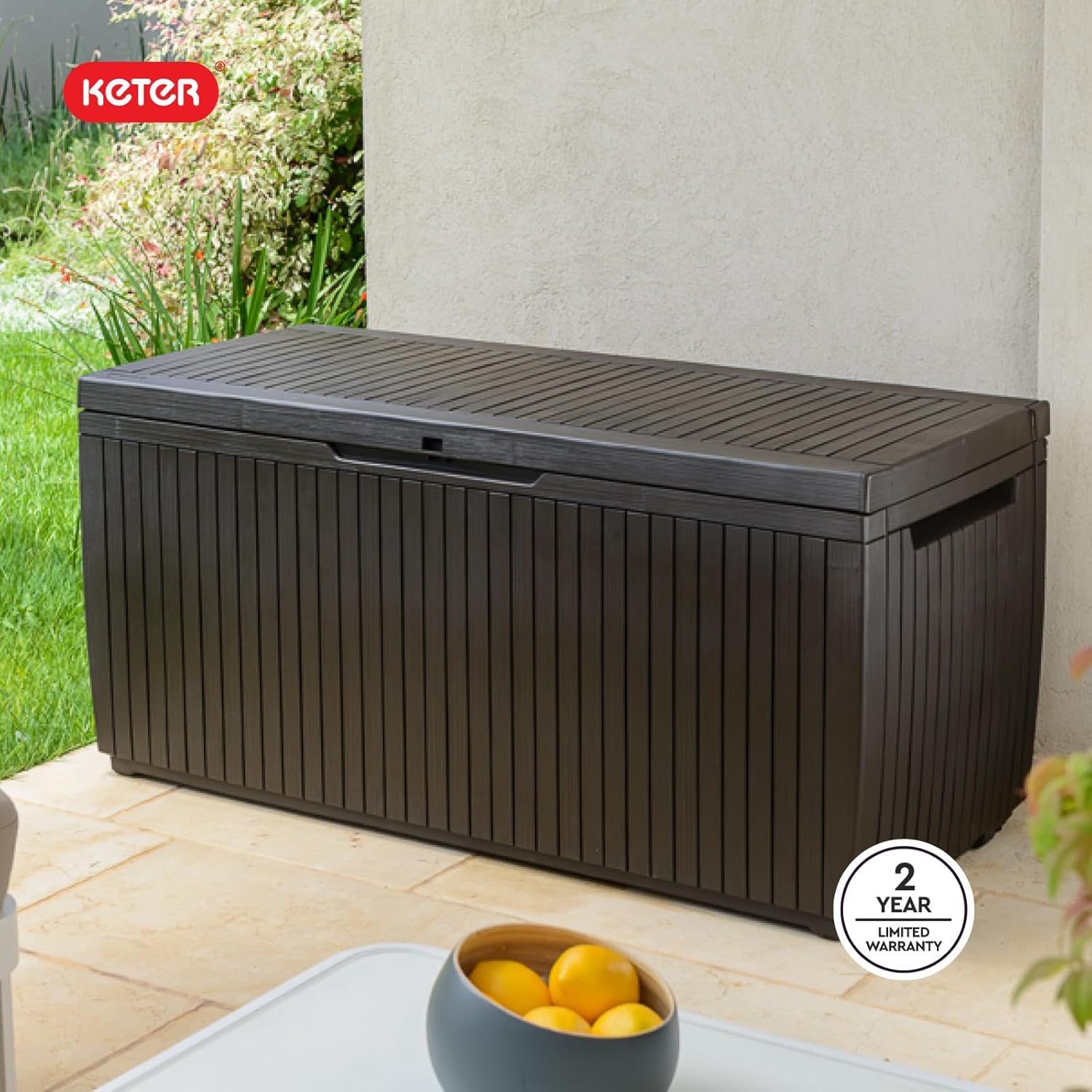 Keter Springwood 80 Gallon Resin Outdoor Storage Box for Patio Furniture Cushions, Pool Toys, and Garden Tools with Handles, Brown - Image 17