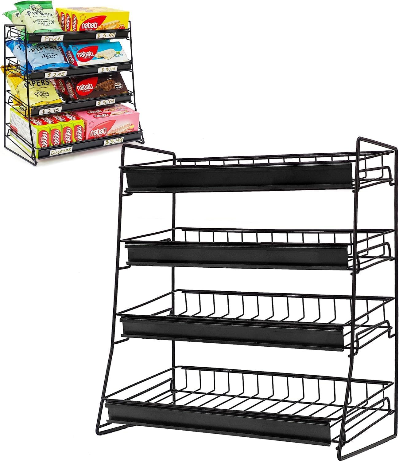 Candy Display Rack, 4 Tier Candy Organizer, Snack Organizer for Countertop, Snack Shelf Chip Rack for Store, Metal Snack Display for Counter, Concession Stand Snack Stand for Store Office Theatre 4 Tire