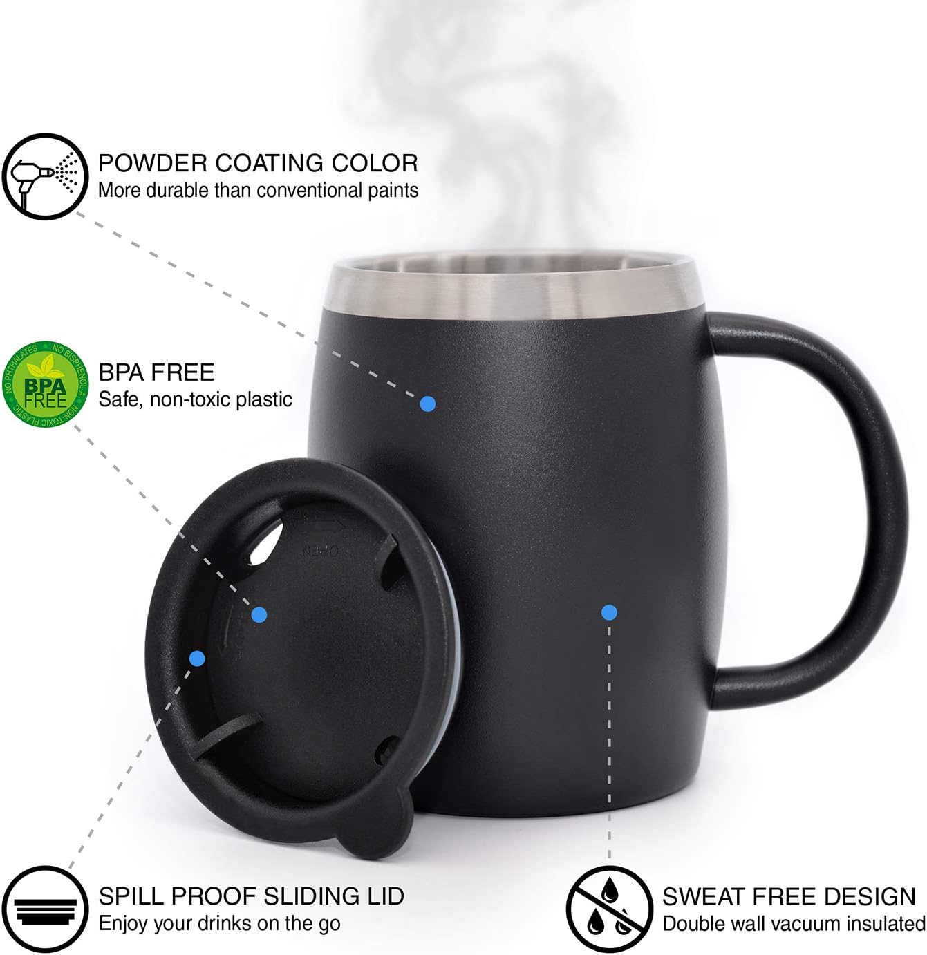 CHILLOUT LIFE Stainless Steel Insulated Coffee Mugs Set of 2 (14 oz) - Double Wall Coffee Cups With Spill Resistant Lid & Strong Handle, Shatterproof Cups for Cold Drinks, Hot Beverages - Image 2