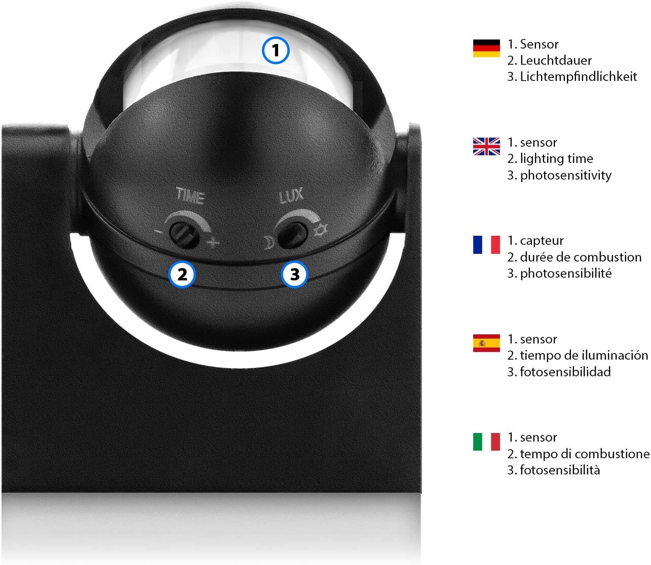 VELAMP MS005 - Sensore di Movimento per Luci Rileva Presenza con Portata 12m/180° Orientabile - Sensore Crepuscolare da Esterno e Interno Impermeabile IP44, Rilevatore a Parete LED Programmabile, Nero