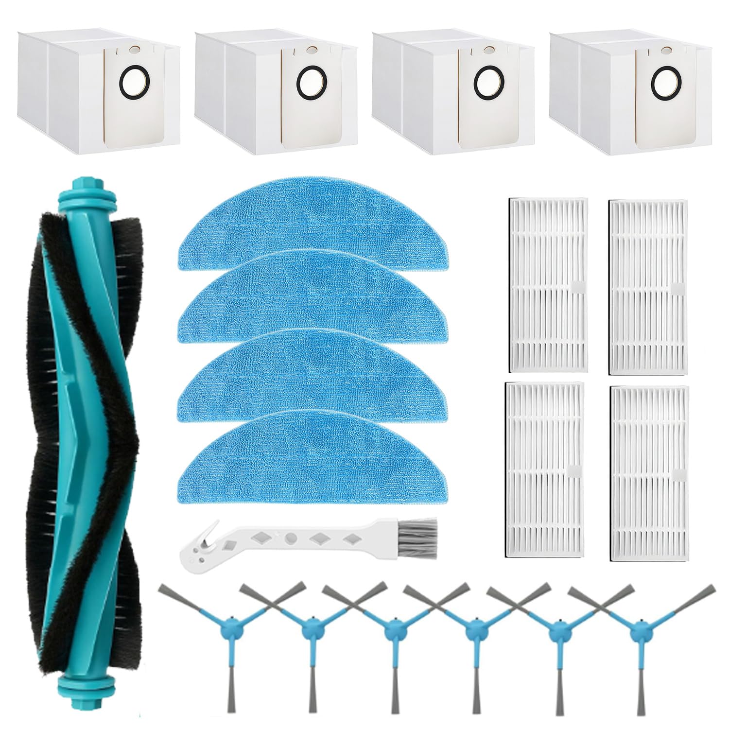 Replacement Accessories for Cecotec Conga 7490 Immortal/ 8290 Immortal Ultra Power Home Genesis X-Treme,1 Main Brush, 6 Side Brushes, 4 Filters, 4 Cloths, 4 Bag (20 pieces)