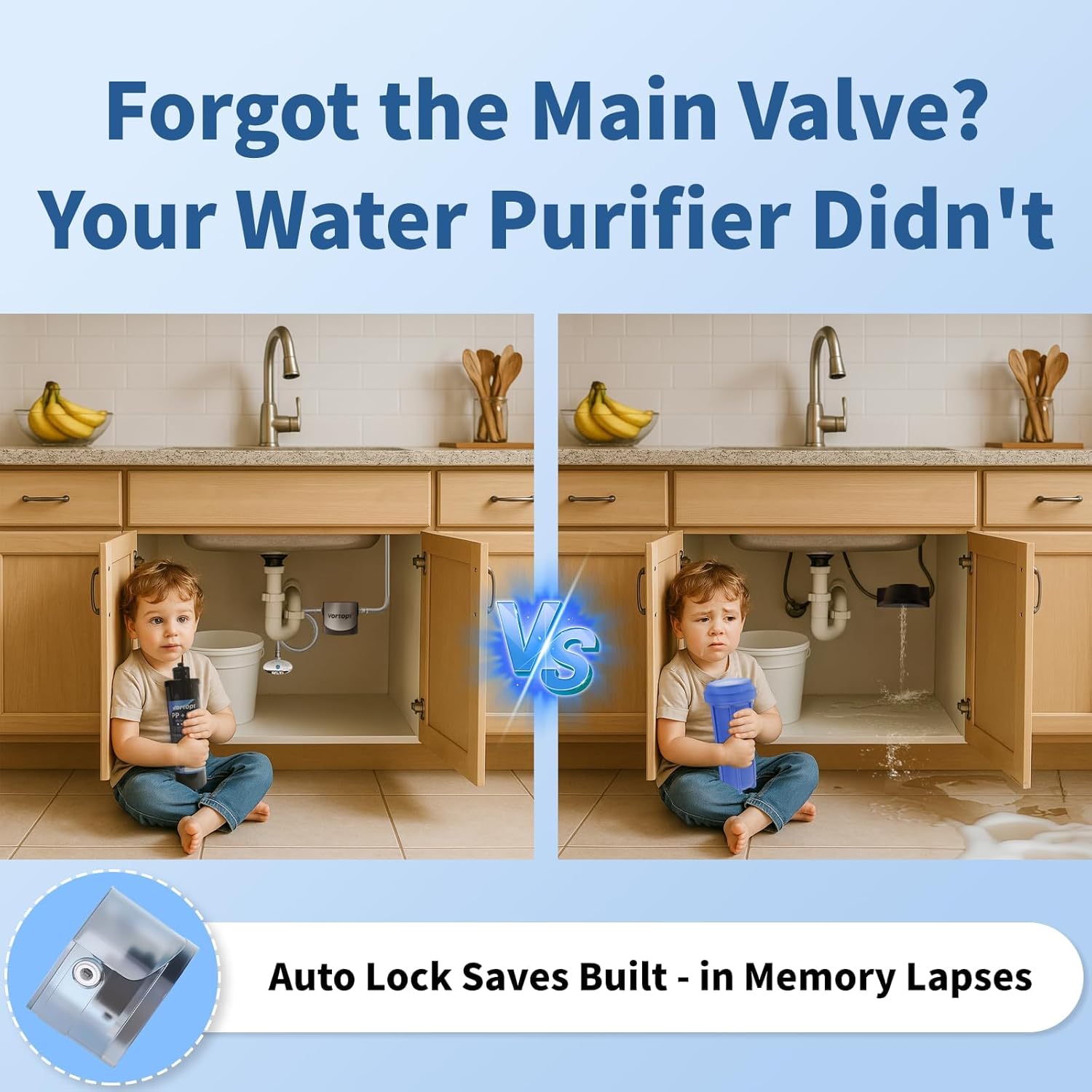 Image showing a child next to an under-sink water filter installation, contrasting a properly installed filter with a leaking one.