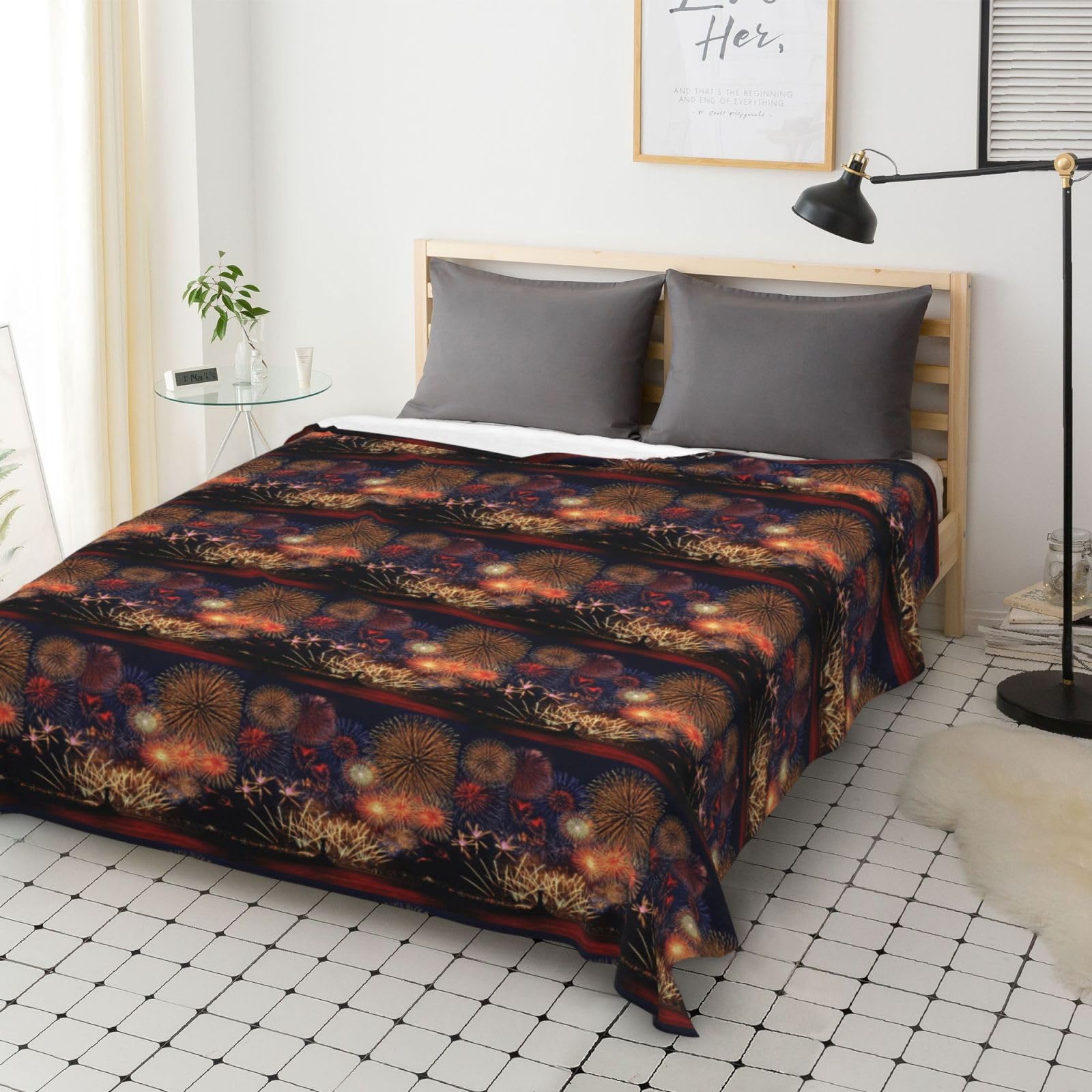 Couverture en flanelle avec imprimé feux d'artifice - 178 x 203 cm - Chaude et douillette - Pour l'hiver - Pour camping ou voyage