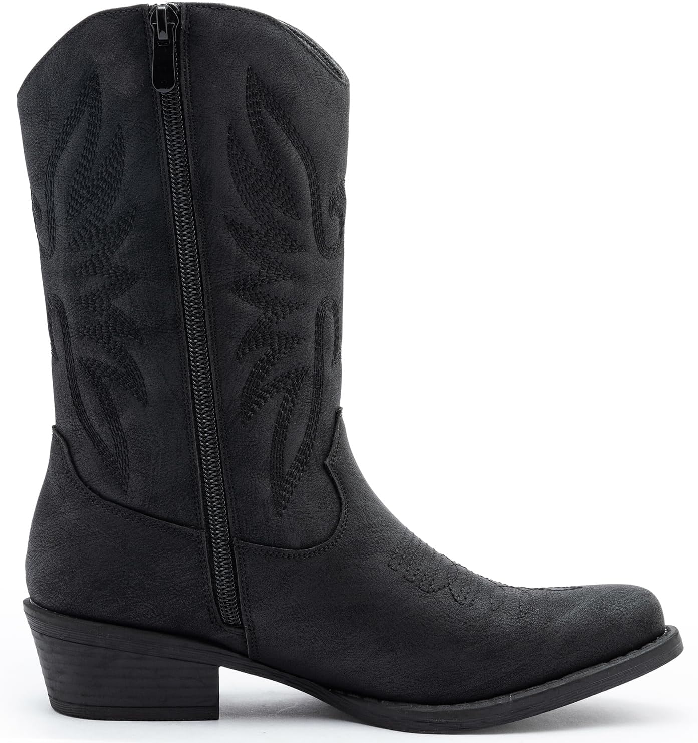GLOBALWIN Black Cowboy Boots For Women Cowgirl Boots With Low Heel Comfortable Embroidered Western Boots Snip Toe Mid-Calf Boots