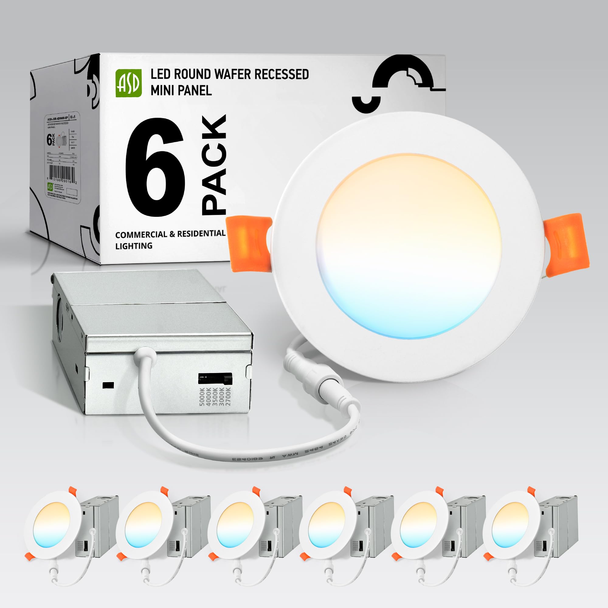 ASD 6 Pack LED Recessed Lighting 4 Inch 9W, 5 CCT 2700K-5000K CRI90+, IC Rated Ultra Thin Dimmable Ceiling Lights with J Box, Canless Wafer Downlight,