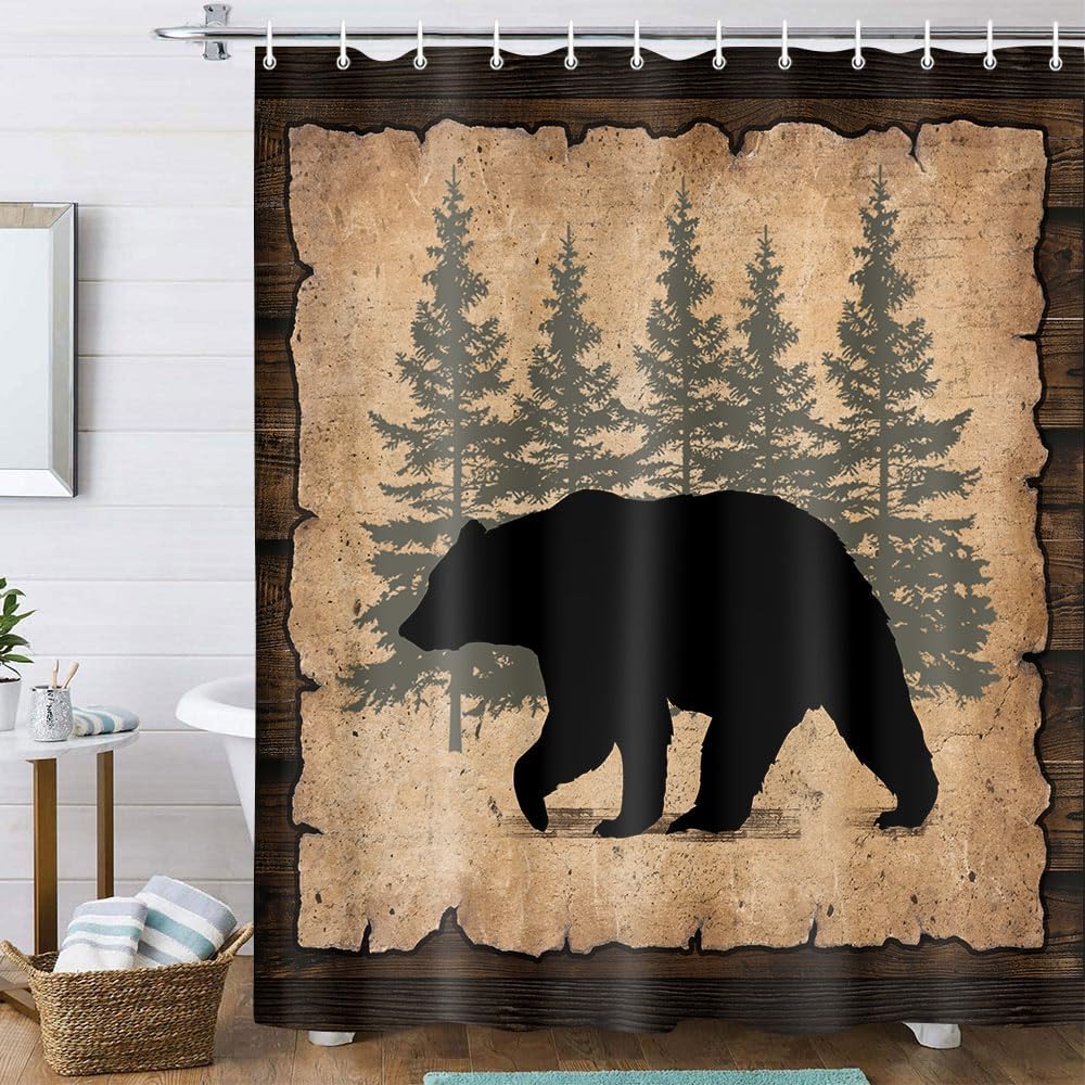 Cabin Bear Shower Curtain, Rustic Farmhouse Country Antique Moose Forest Vintage Wood Decor Bath Curtain, Hunting Camping Waterproof Fabric Bathroom Accessories Set with Hooks