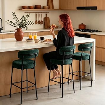 DYHOME Bar Stools Set of 3, Green 28 Inches Counter Height Stools,Modern Boucle Barstools with Back,Upholstered Bar Chairs for Kitchen Island, Dining Room