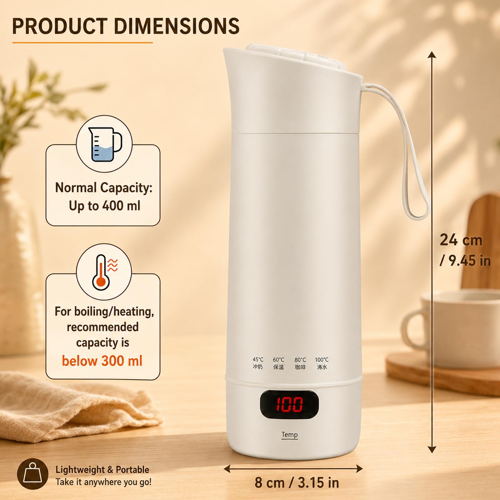 400ML Bollitore Elettrico da Viaggio, 4 Livelli di Regolazione Della Temperatura Mini Bollitore da Viaggio Portatile, Bollitore Elettrico Piccolo in Acciaio Inox 304 con Spegnimento Automatico